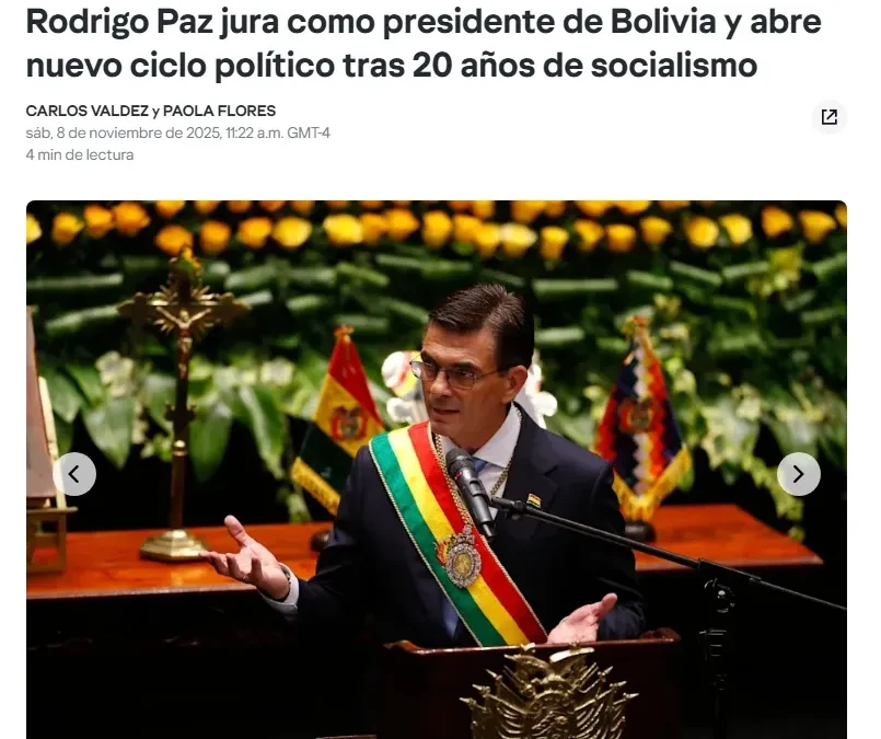 Prensa internacional destaca posesión de Rodrigo Paz como presidente de Bolivia
